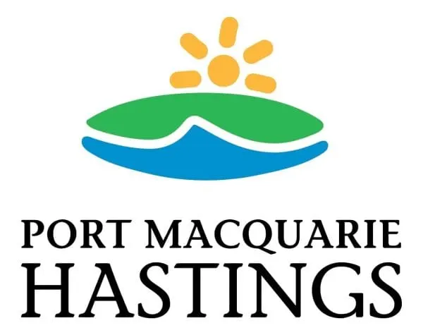Port Macquarie Hastings logo with a sun above green hills and blue water