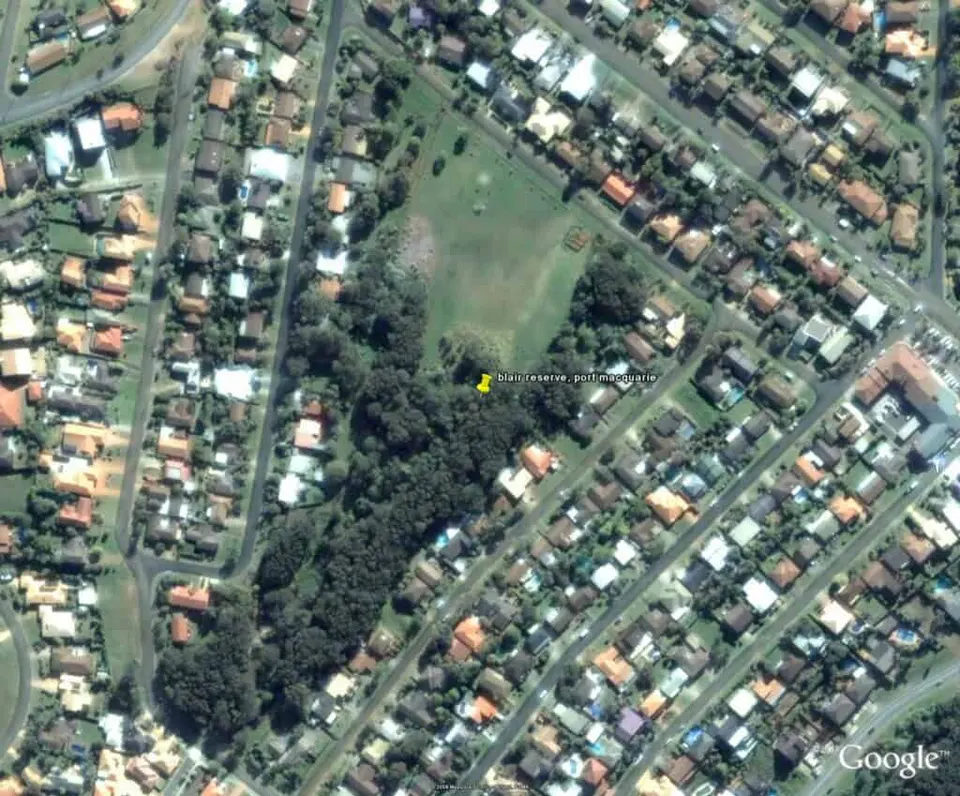 Aerial map of Blair Reserve, a bushland patch surrounded by suburban streets and houses in Port Macquarie